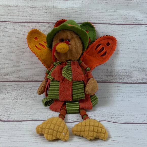 Fall Turkey Plush Sitting Doll with Felt Feathers Bead Legs Thanksgiving 9.5" - Picture 1 of 16